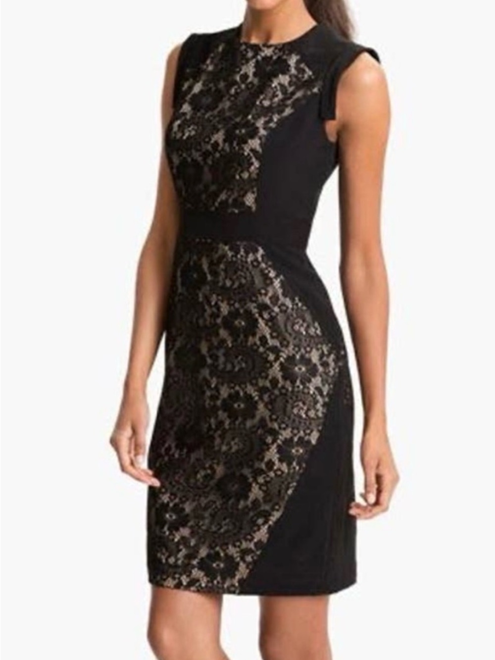 NWT Adrianna Papell Navy Lace Flesh Color Lined Pencil Dress